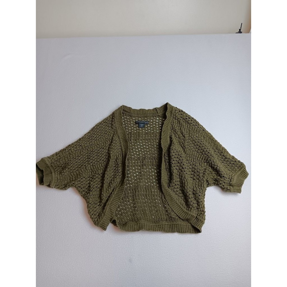 Covington Petite Olive Green Open Knit Crochet Shrug Cardigan Womens LP Dolman